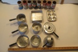 Vintage Child's Cooking Set: 8 cardboard food containers (one missing bottom) and 11 tin pans