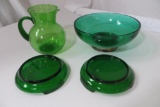 Green Glass lot, 2 anchor hocking forest green punch bowl bases, punch bowl, green pitcher