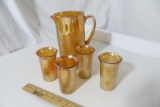 Carnival Glass Pitcher and 4 matching tumblers
