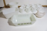 Milk Glass Lot: Glasbake Loaf Pan, Hen on nest, loaf pan, mixing bowl, 8 Federal mugs