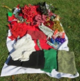 Various Christmas items: Red, green, black felt, green tablecloth, plastic candycane ornaments,
