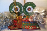 Christmas Lot - silver garland, 2 fabric squares card table size, 8 shatterproof silver balls (NIB),