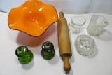 Miscellanous Glass and a Wooden Rolling Pin. Orange and black art glass pedestal bowl, Fostoria
