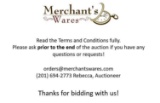 Pickup for this auction is at our Merchant's Wares Showroom, 1141 Greenwood Lake Turnpike, Ringwood