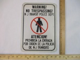 Warning! NO Trespassing! NJ Transit Police Dept. Metal Sign, 13 oz
