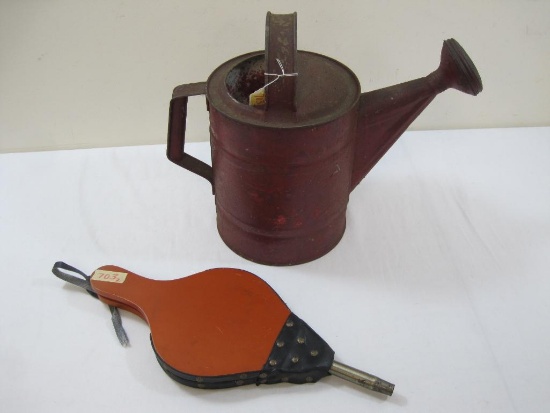 Red Painted Vintage Metal Watering Can and Wooden Bellows