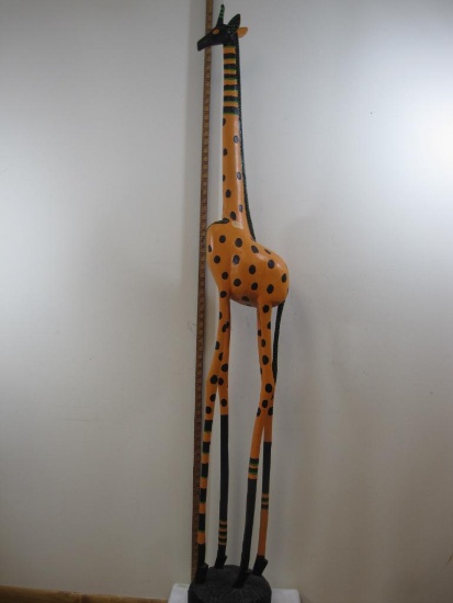 Orange Painted Solid Wood Giraffe Statue, 6ft tall with carved base, fragile, bring packing/blanket