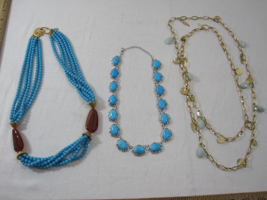 Three Costume Jewelry Items including two heavy gold tone and turquoise accented necklaces and belt,