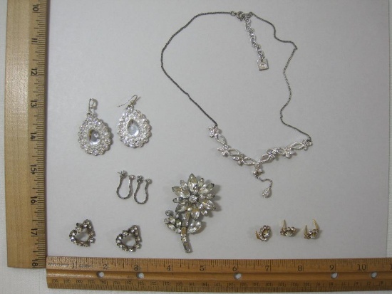 Silver Tone Necklace marked NW and Assorted Rhinestone Pins etc, 2oz