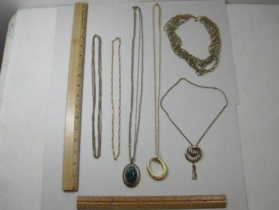 Five Gold Tone Necklaces, Multi-strand Heavy Chain, 23" long chain, Turquoise Cabochon Necklace and