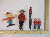Assorted Canadian Mountie Items including salt and pepper shakers (Japan), wooden letter opener and