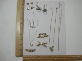 Three Gold Tone Necklaces, Earrings, and Pins, 2 oz