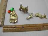 Two Novelty Pins including cat birthday and cast iron dog figure, 5 oz