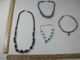 Four Blue Beaded Jewelry Items including necklace and three bracelets, 3 oz