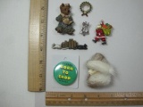 Pins including Christmas Themed, Born to Shop Pinback Button, and Woman in Fur Coat Pin, Cats with