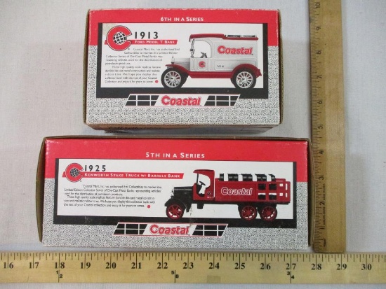 Two Coastal ERTL Diecast Banks: 1913 Ford Model T and 1925 Kenworth Stake Truck w/ Barrels, in