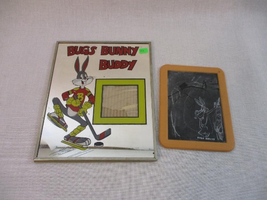 Two Vintage Bugs Bunny Items including 1977 Warner Bros Mirrors and Chalkboard, 15 oz