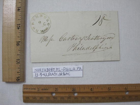 Stampless Cover Northboro MS to Philadelphia PA Dec 12 1843, Black 18.75 MS