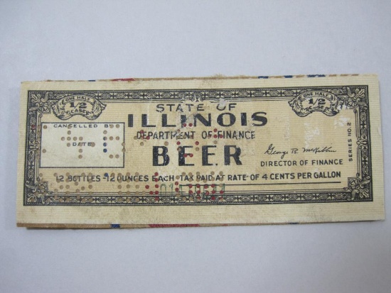 State of Illinois Department Of Finance Beer Tax Stamp