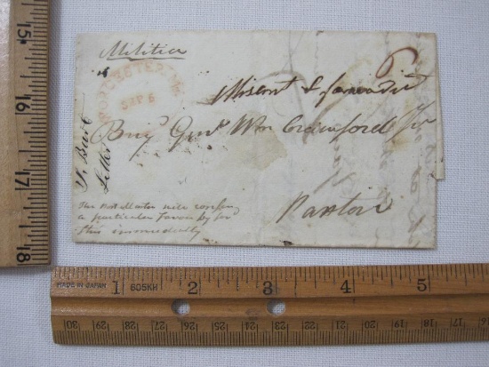 Stampless Cover Worcester Ms, Militia Brigadier General Sept 5 1821, Red Oval 6 MS