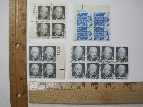 Four Blocks of Postage Stamps includes 3 Eisenhower Scott #1393, #1393a, 1394, Benj Franklin 1393D,