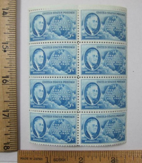 Block of Eight Stamps, 1882-1945 Roosevelt and Four Freedoms 5cent #933, mint