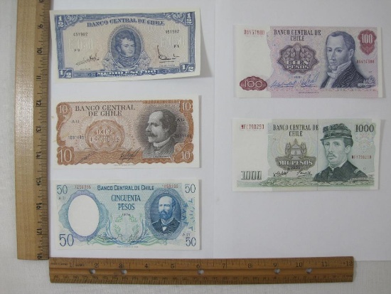 Five Banco Central De Chile Bills, assorted Values