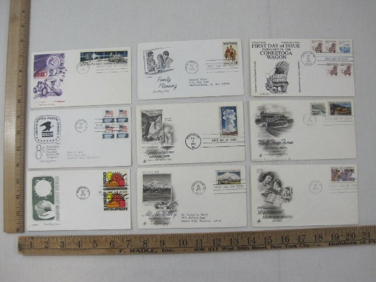 Nine First Day of Issue 1970s, Family Planning, Conestoga Wagon, Yellowstone Park, Mt McKinley and