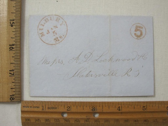 Stampless Cover Milbury Mass - Slatersville RI, Jan 5 1849, Red 5 Circle