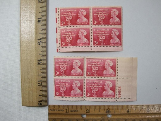 Two Blocks of Four US Postage Stamps, 1948 Founder Of The Memorial Poppy Miona Michael 3cent, mint