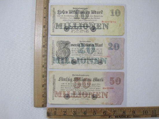 Three 1923 Reichsbanknotes, 10 Millionen Mark, 20 Millionen Mark, 50 Millionen Mark