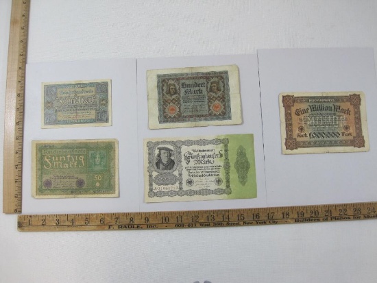 Five Reichsbanknotes 1919-1923 includes 1920 Zehn Mark, 1919 Funfzig Mark, 1920 Hundert Mark,1922