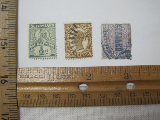 Three Queensland Postage Stamps including One Half Penny, Three Pence, One Shilling, cancelled