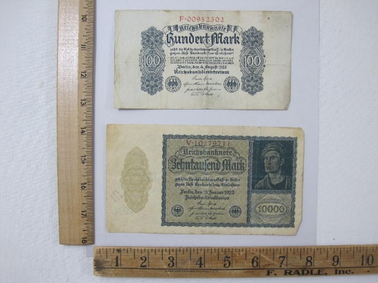 Two 1922 Reichsbanknotes, Hundert Mark, Zehntaufend Mark