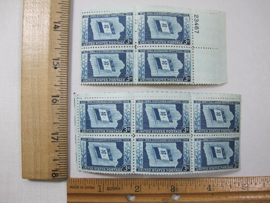 Two Blocks of US Postage Stamps includes one of 4 stamps and one of 6, Three Cent 1846 Iowa