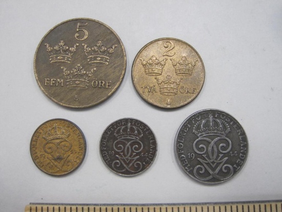 Five Vintage Swedish Coins: 1950 2 Ore, 1944 2 Ore, 1944 1 Ore, and more