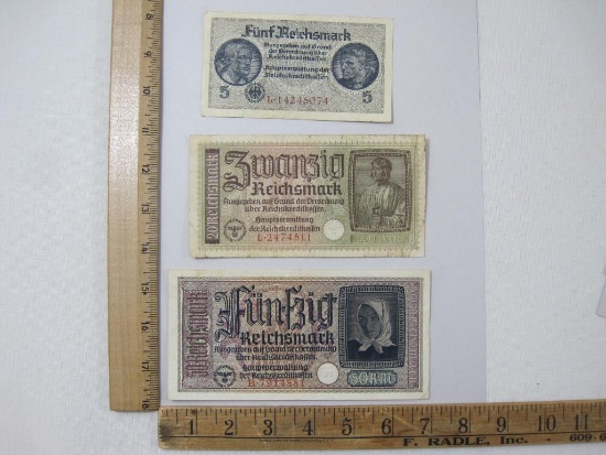 Three German Reichsmark Paper Currency includes Funf Reichsmark, Funfzig Reichsmark, Zwanzig