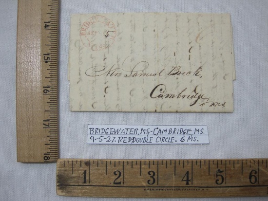 Stampless Cover Bridgewater Mass - Cambridge Mass, Sept 5 1827, Red Double Circle 6 MS