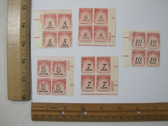 Four Blocks of Postage Due Stamps including 5 cent #J93, 6 cent #J94, 10 cent #J97, 5 dollar #J101,