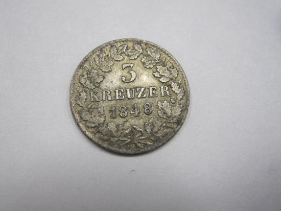 1848 German States Nassau 3 Kreuzer Coin, Adolf I 1841-1855, .333 Silver
