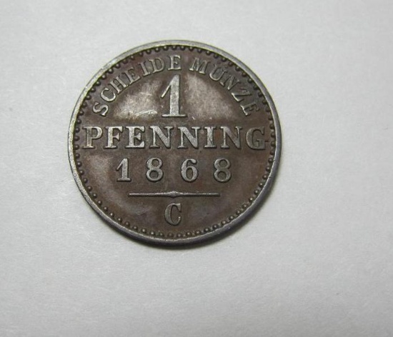1868C 1 Pfenning Coin, Wilhelm I 1861-1888