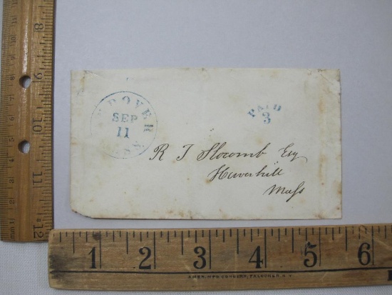 Stampless Cover Andover Mass - Haverhill Mass, Sept 11, Blue Paid 3