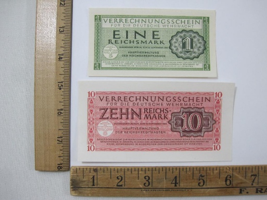 Two German 1944 Reichsmark Banknotes, Eine Reichsmark, Zehn Reichsmark