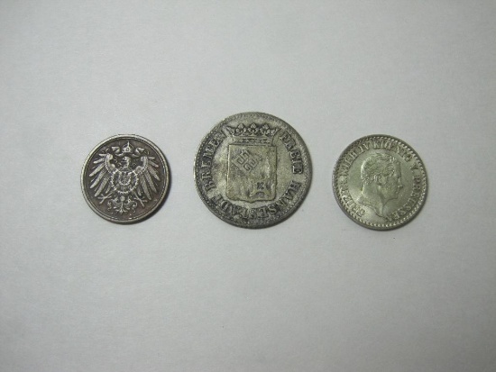 Three German Coins, 1 Silber Groschen 1850 Silver, 12 Grote 1840, 1 Pfennig 1895