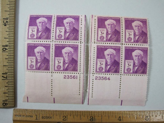 Two Blocks of Stamps, 1947 3c Thomas A Edison, #945, mint