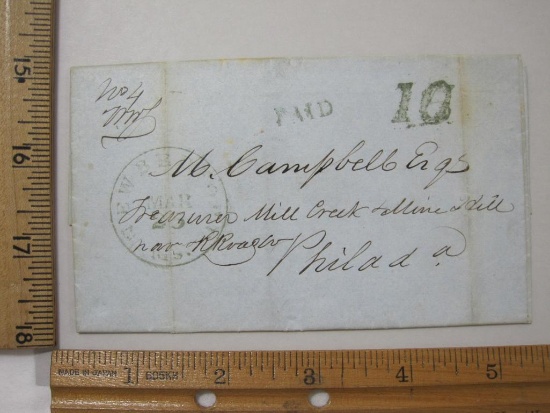 Stampless Cover New Bedford Ms - Philadelphia PA, March 25 1850, Blue Paid 10 over 5