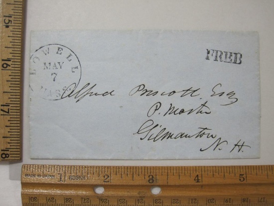 Stampless Cover Lowell MASS - Gilmanton NH, May 7, Black Free