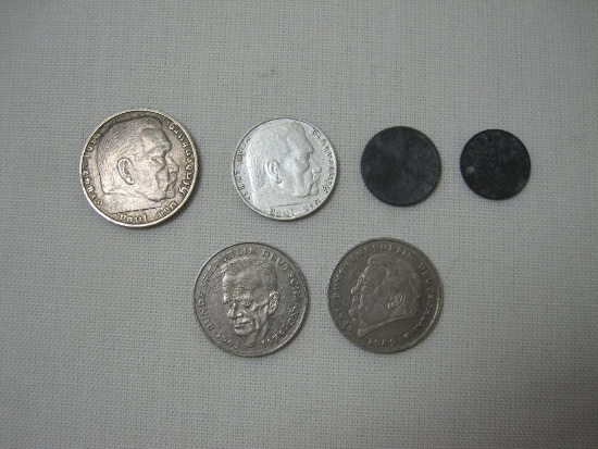 Six German Coins includes 1938 Paul Von Hindenburg Silver 2 Mark, 1937 5 Mark and other Presidential