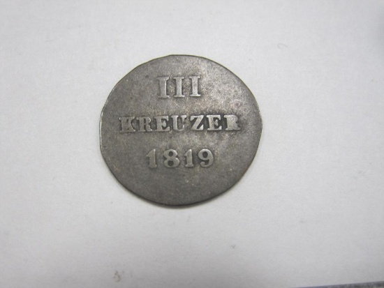 1819 German States Nassau 3 Kreuzer Coin, silver