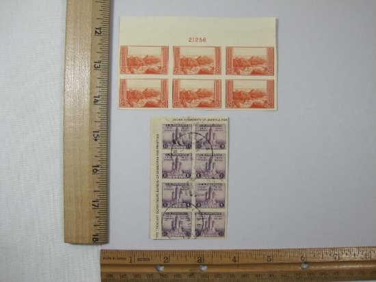 Two Blocks of Stamps includes Plate # Block of 6, Grand Canyon 2c #757 unused, Block of 8 Century of